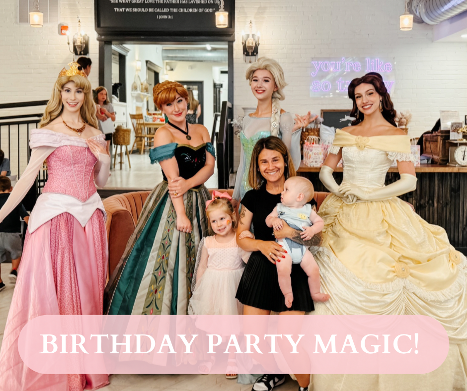 Kids birthday party at the Trendy Bunny Boutique Play Café in downtown Greensburg with indoor playhouses, whimsical décor, and children enjoying cake and playtime