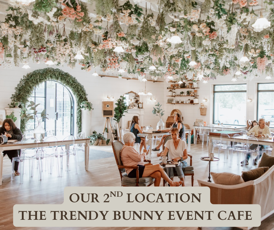The Trendy Bunny Event Café is our 2nd cafe’s location and the perfect spot for coffee dates, bakery treats, and special events!