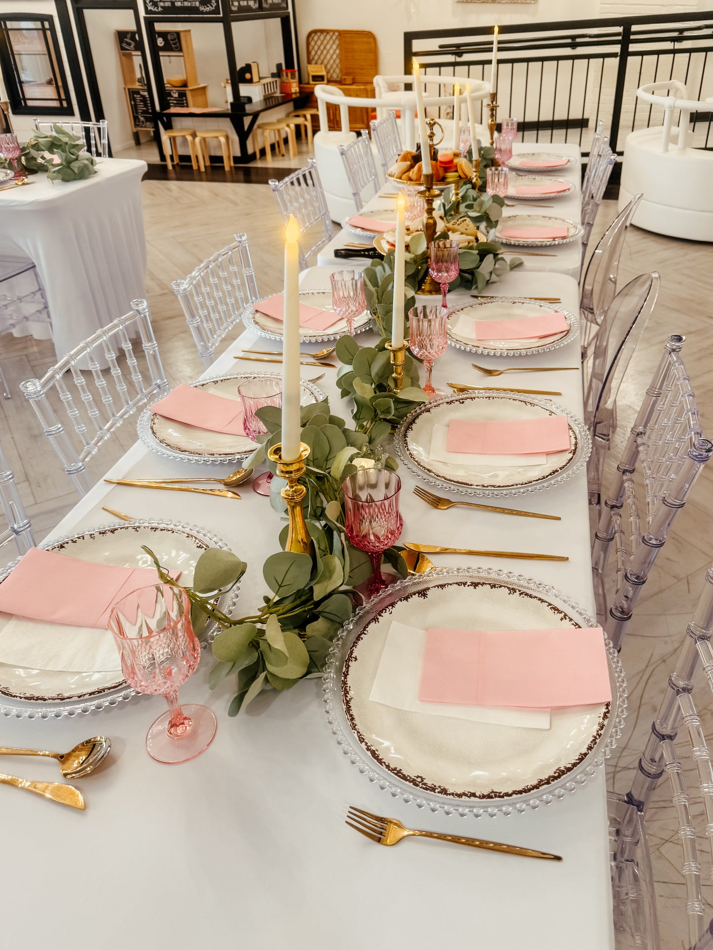Styled bridal shower table setup with elegant decor in Greensburg, PA at The Trendy Bunny Studio