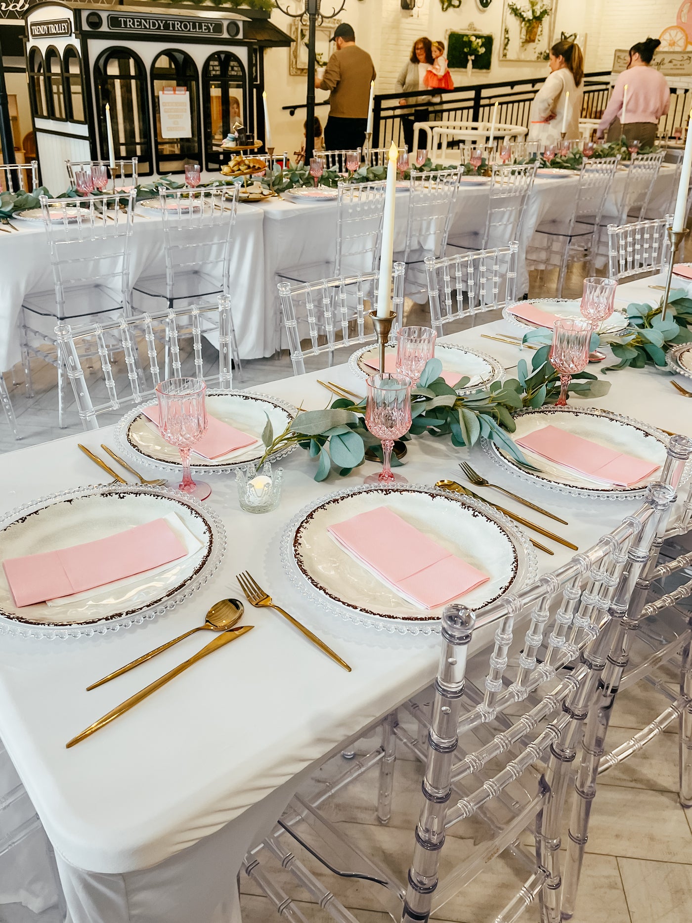 Styled event table with elegant decor and place settings for parties in Greensburg, PA at The Trendy Bunny Studio