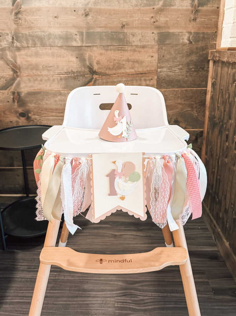 Decorated high chair setup for a kids birthday party in Greensburg, PA at The Trendy Bunny Studio